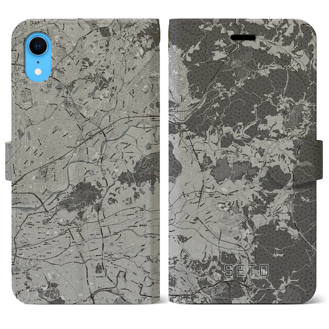 【瀬戸(愛知県)】地図柄iPhoneケース(手帳タイプ)モノトーン・iPhone XR 用