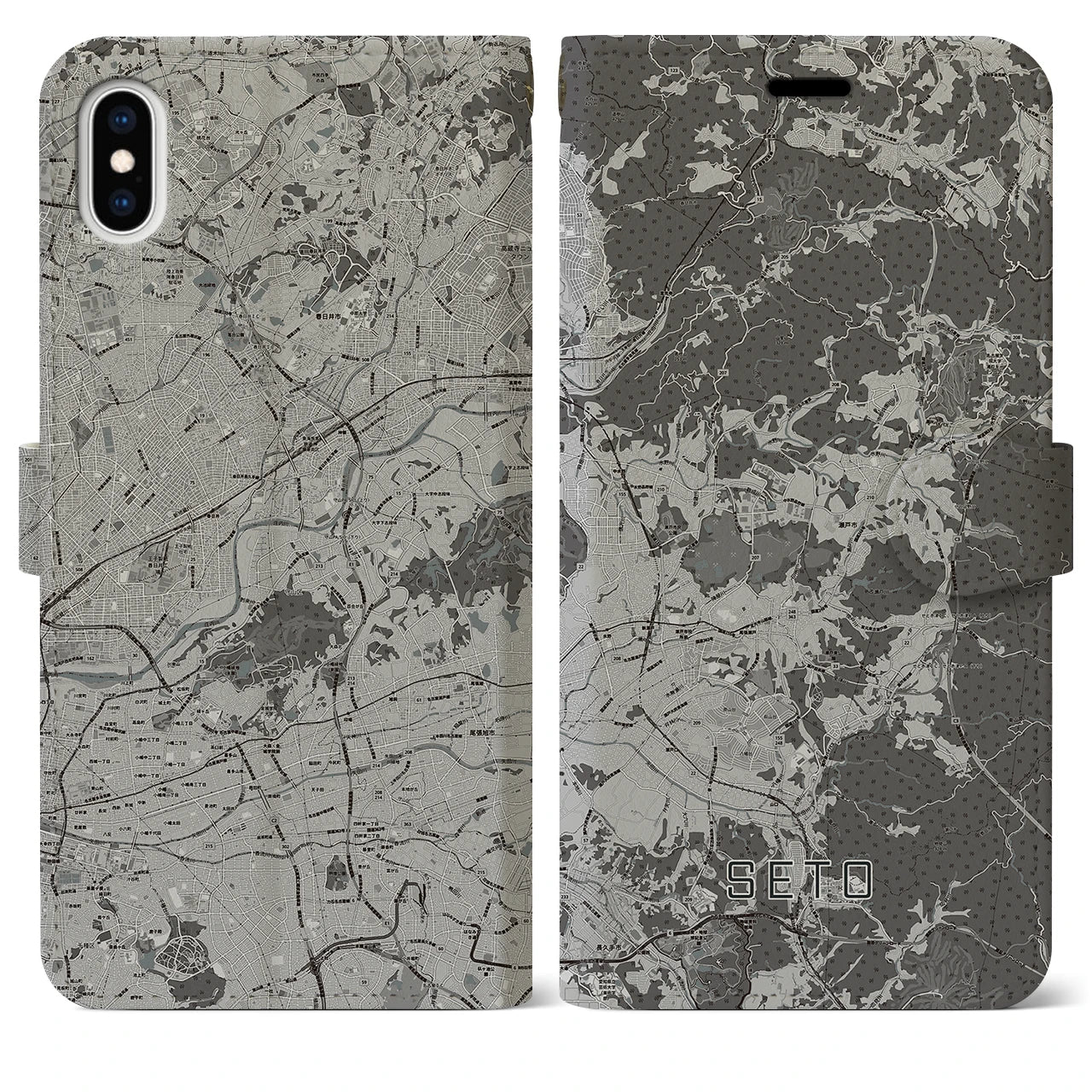 【瀬戸(愛知県)】地図柄iPhoneケース(手帳タイプ)モノトーン・iPhone XS Max 用