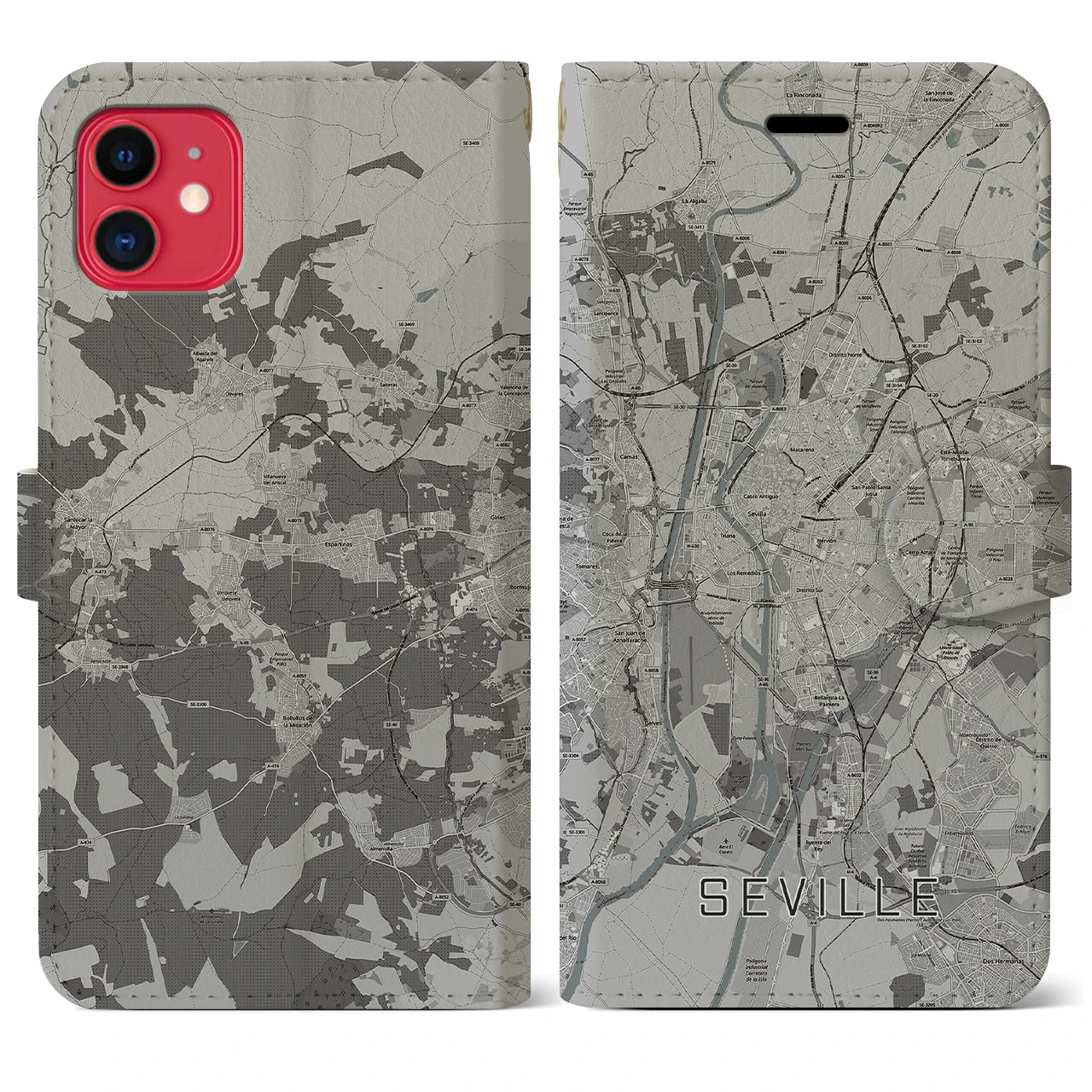 【セビリア(スペイン)】地図柄iPhoneケース(手帳タイプ)モノトーン・iPhone 11 用