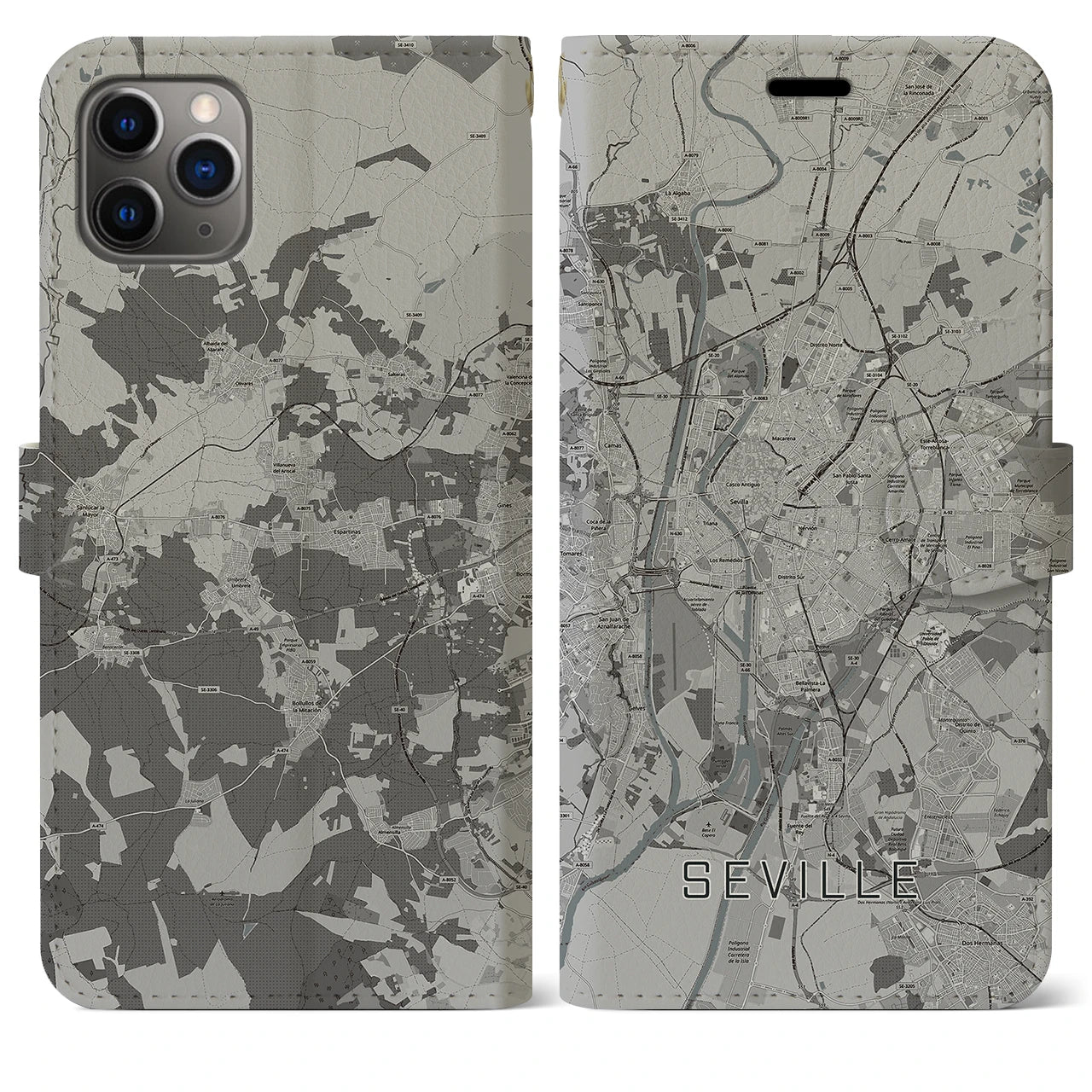 【セビリア(スペイン)】地図柄iPhoneケース(手帳タイプ)モノトーン・iPhone 11 Pro Max 用