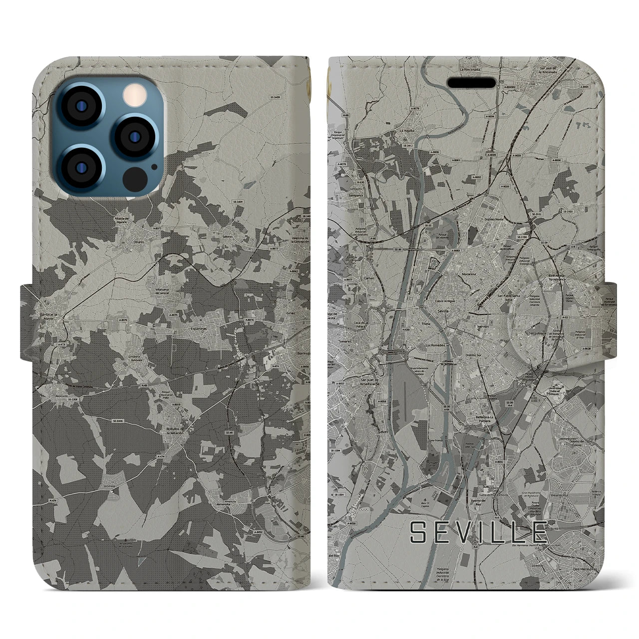 【セビリア(スペイン)】地図柄iPhoneケース(手帳タイプ)モノトーン・iPhone 12 / 12 Pro 用