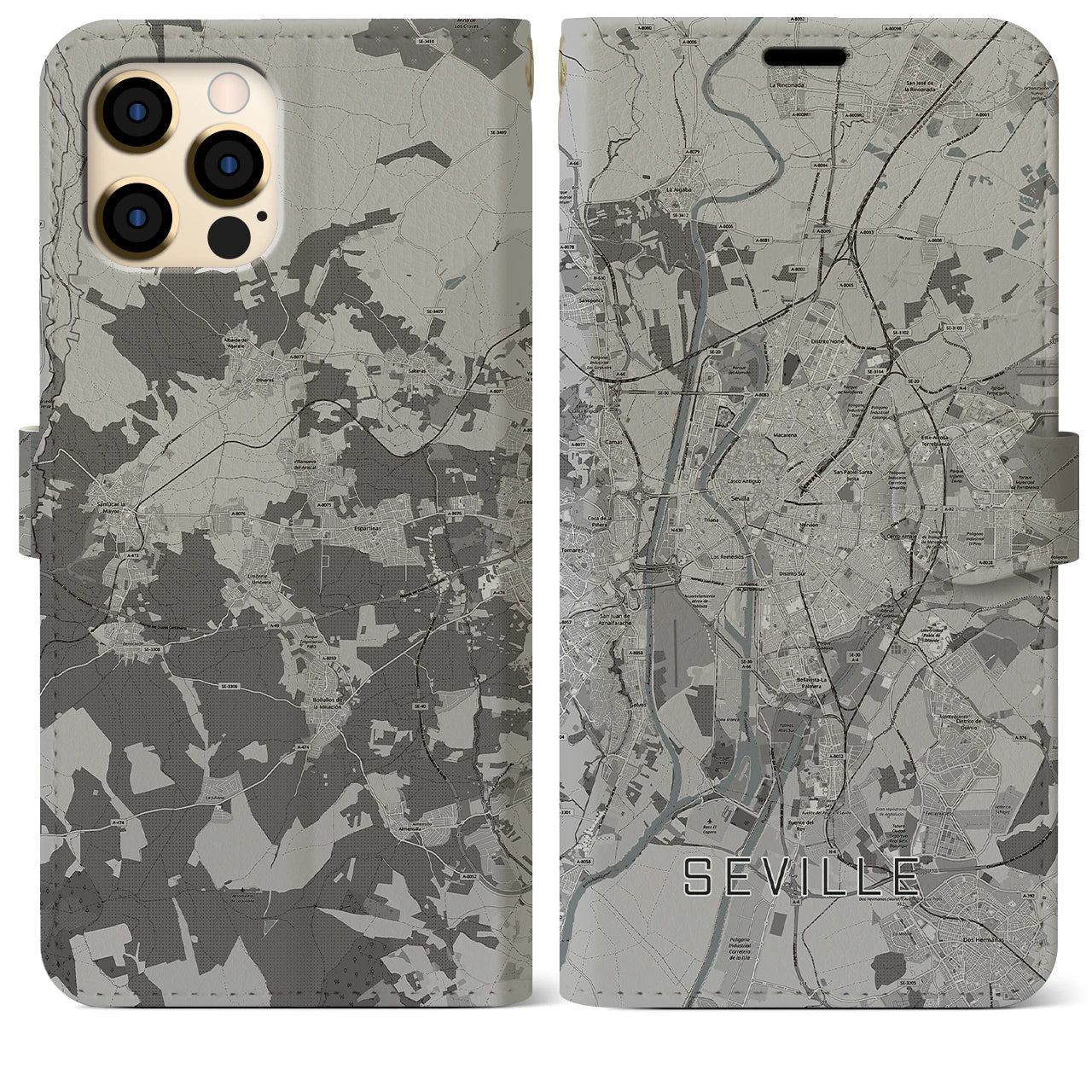 【セビリア(スペイン)】地図柄iPhoneケース(手帳タイプ)モノトーン・iPhone 12 Pro Max 用