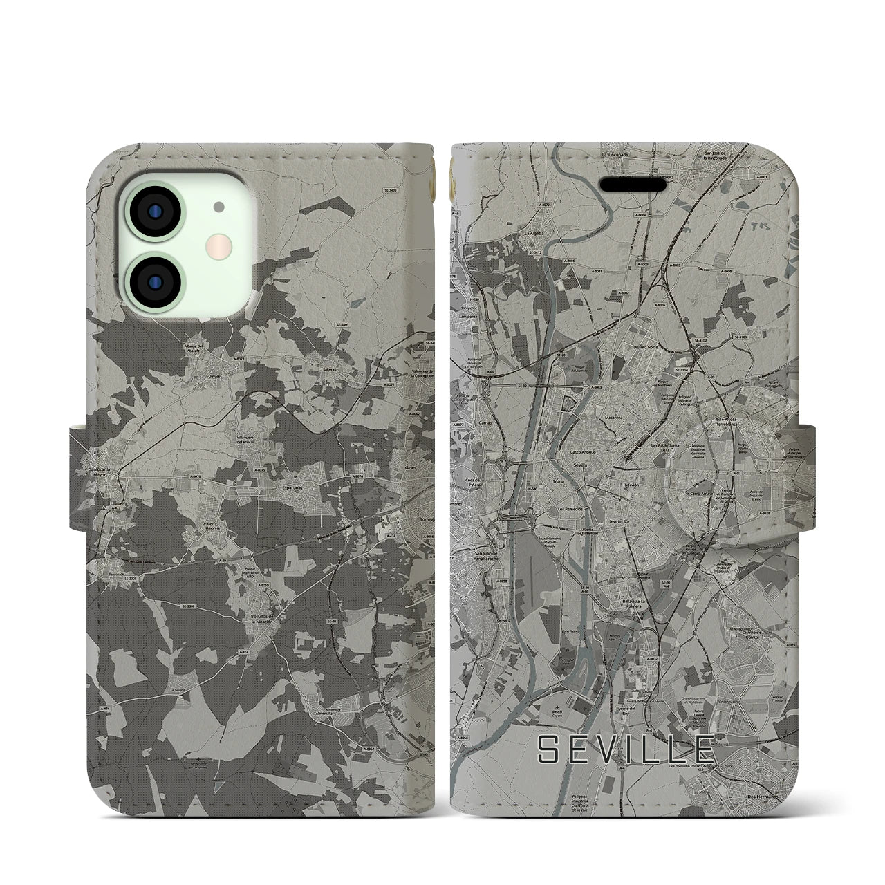 【セビリア(スペイン)】地図柄iPhoneケース(手帳タイプ)モノトーン・iPhone 12 mini 用