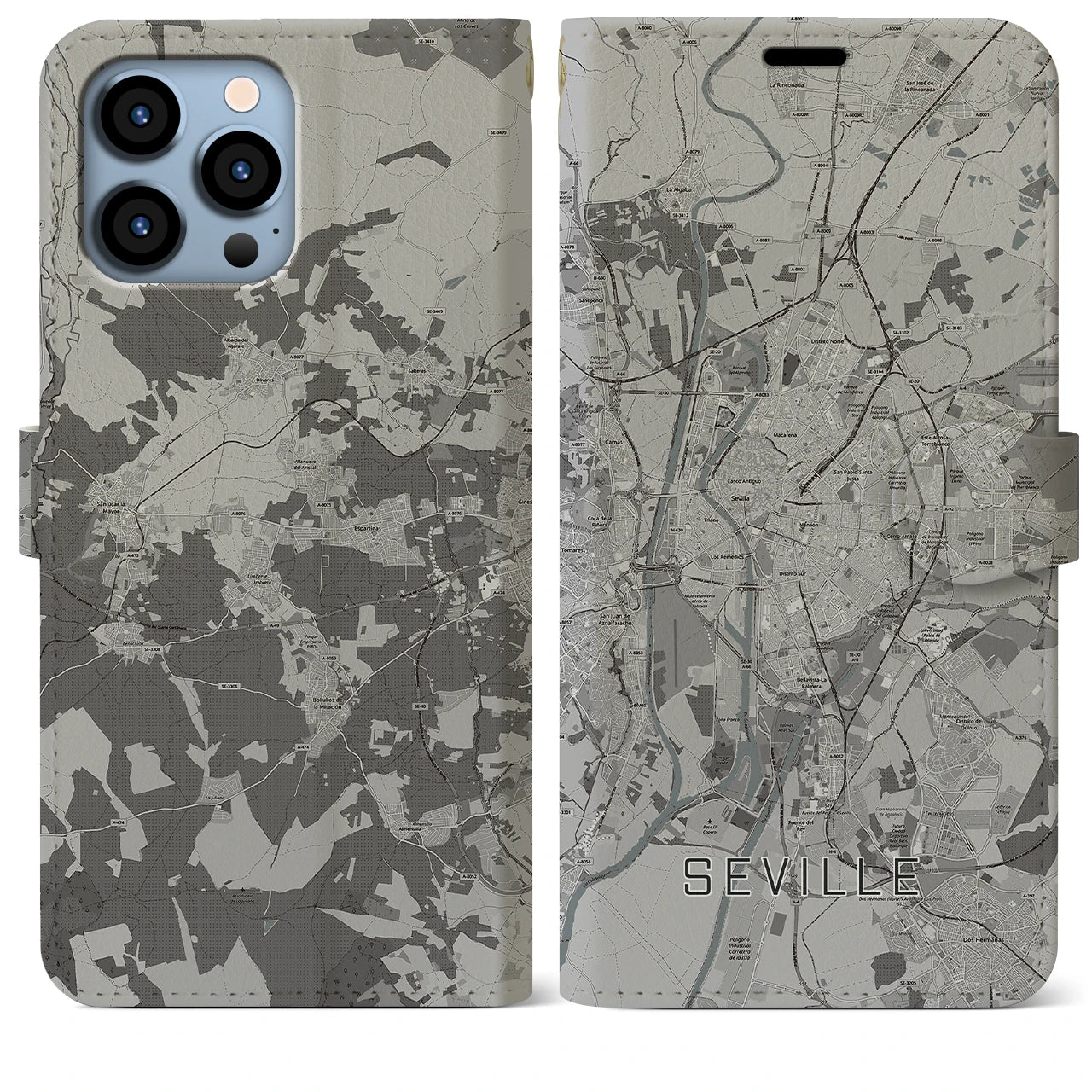 【セビリア(スペイン)】地図柄iPhoneケース(手帳タイプ)モノトーン・iPhone 13 Pro Max 用