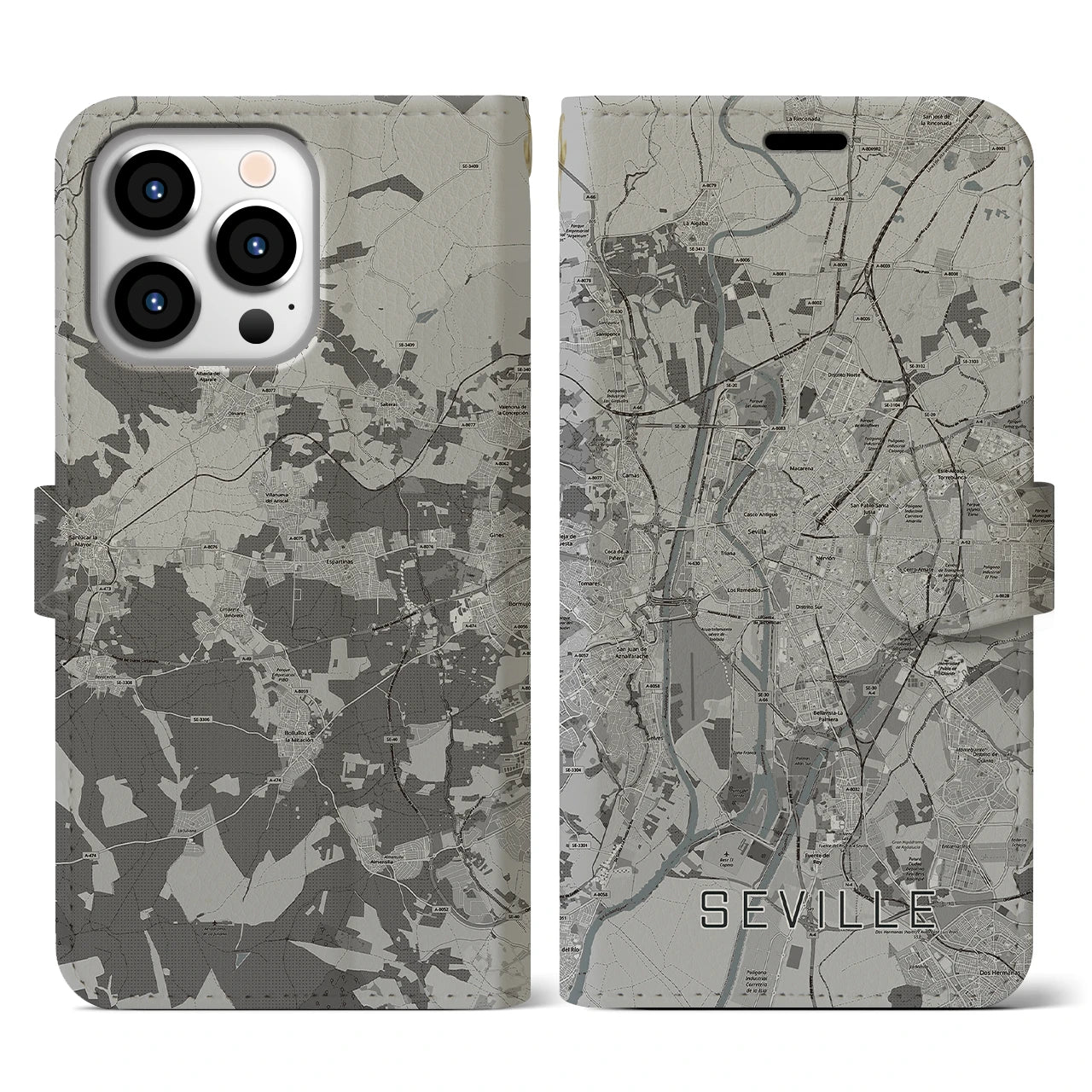 【セビリア(スペイン)】地図柄iPhoneケース(手帳タイプ)モノトーン・iPhone 13 Pro 用