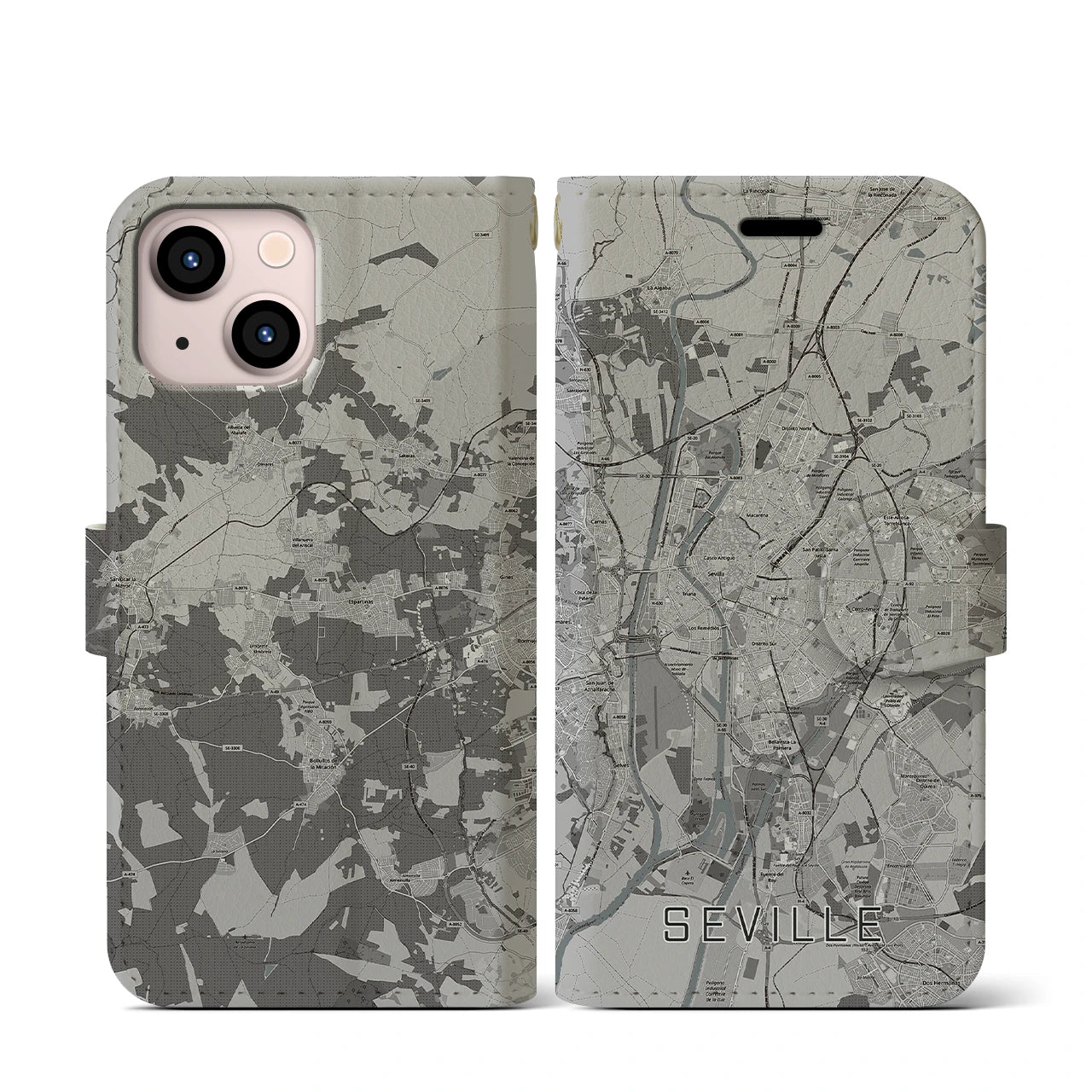 【セビリア(スペイン)】地図柄iPhoneケース(手帳タイプ)モノトーン・iPhone 13 mini 用