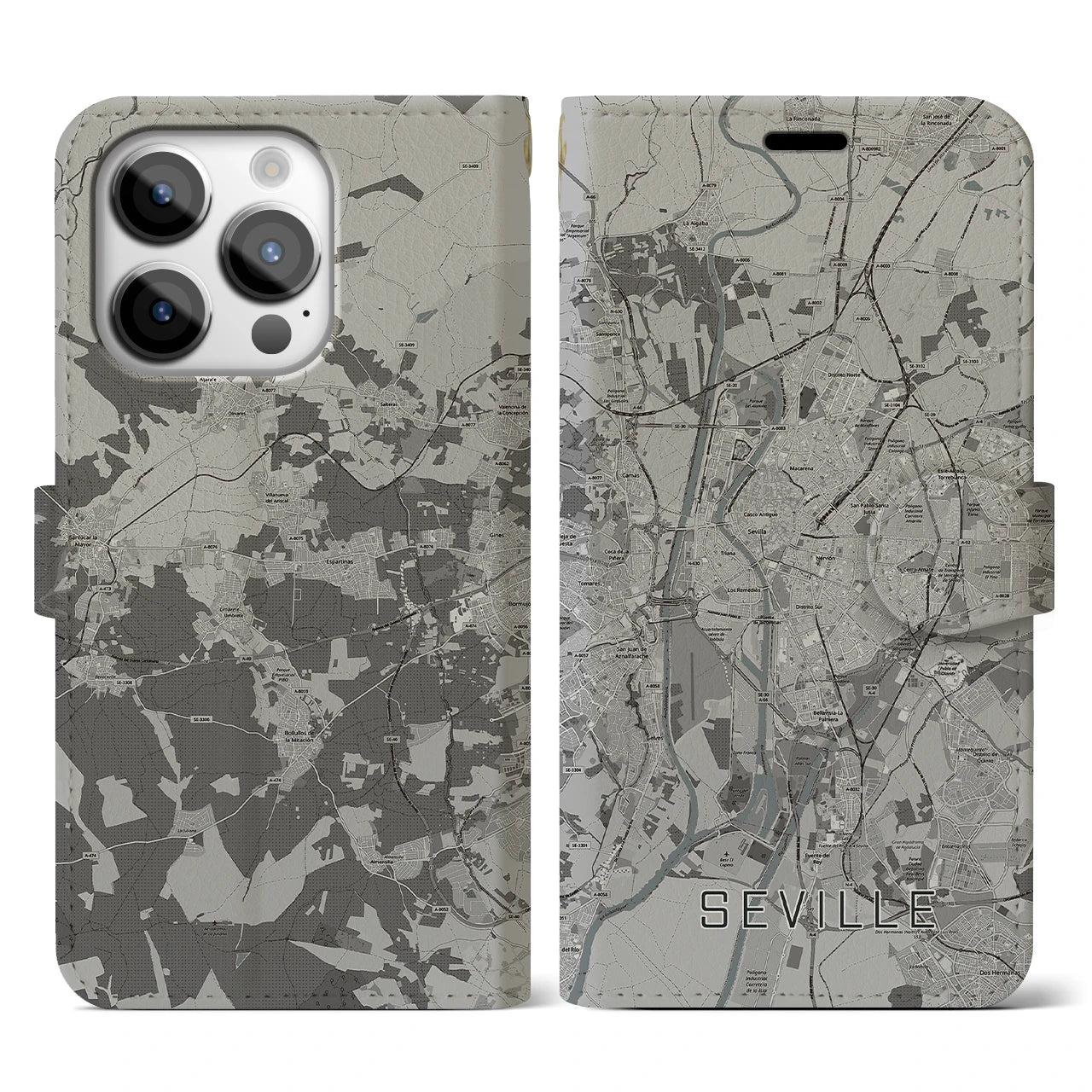 【セビリア(スペイン)】地図柄iPhoneケース(手帳タイプ)モノトーン・iPhone 14 Pro 用