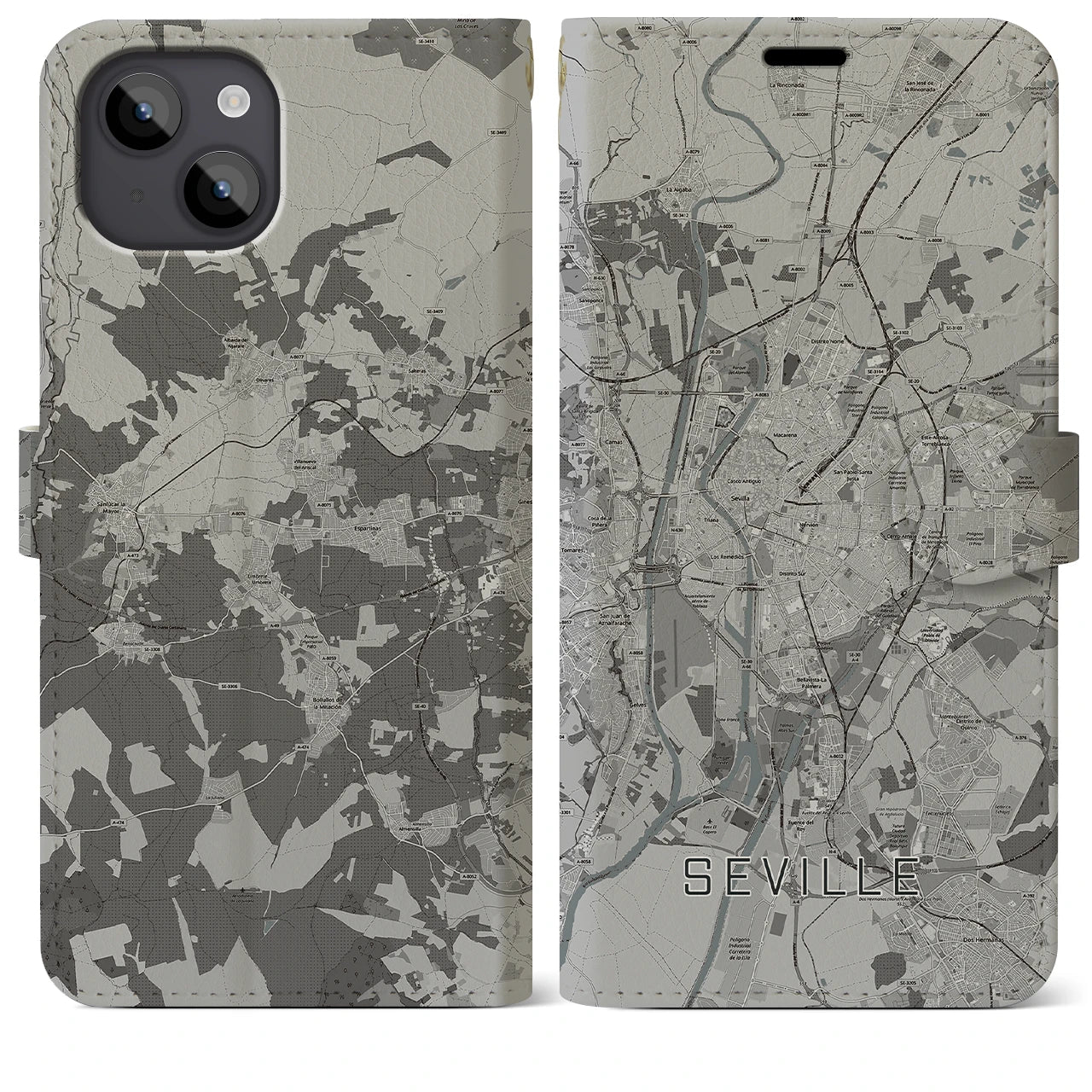 【セビリア(スペイン)】地図柄iPhoneケース(手帳タイプ)モノトーン・iPhone 14 Plus 用