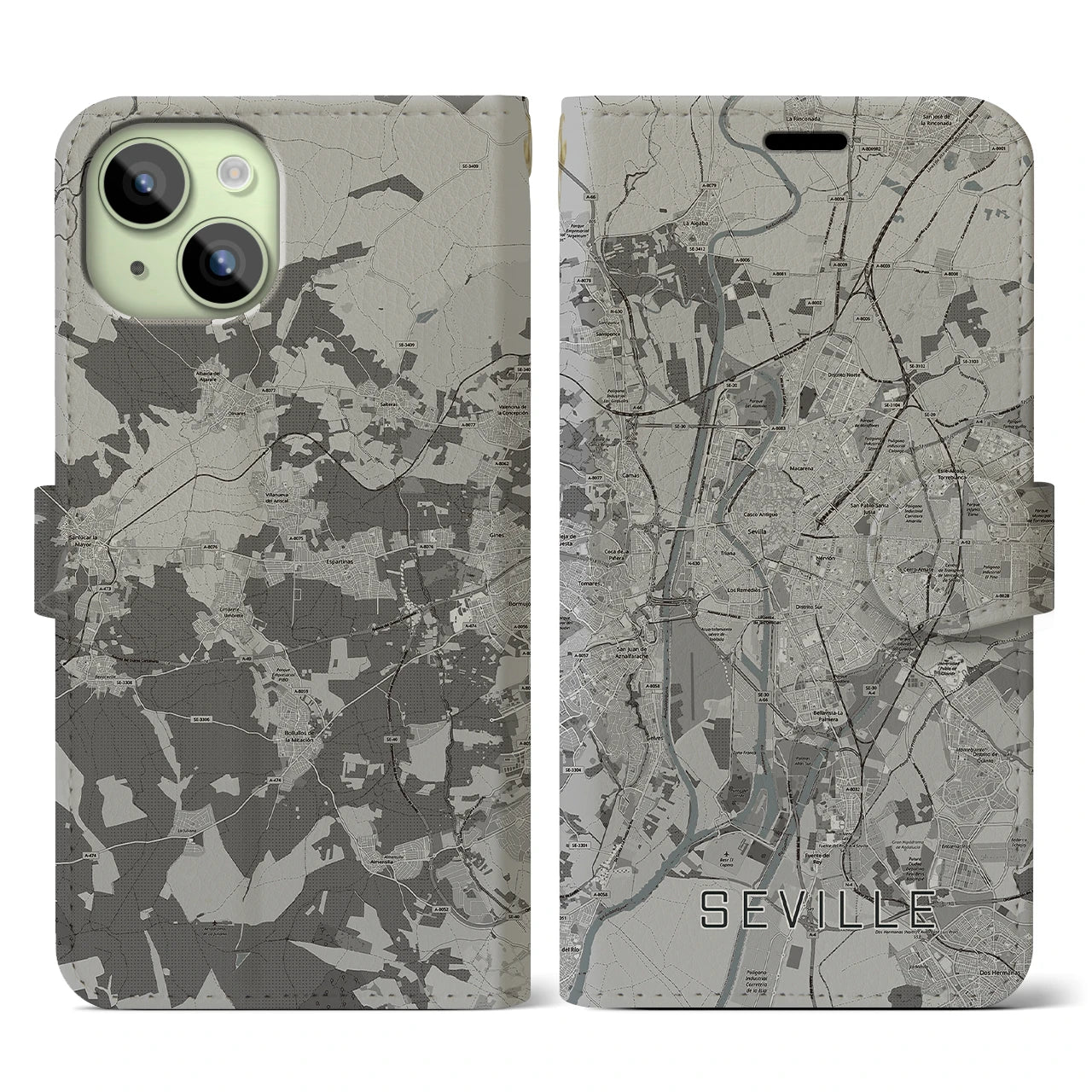 【セビリア(スペイン)】地図柄iPhoneケース(手帳タイプ)モノトーン・iPhone 15 用