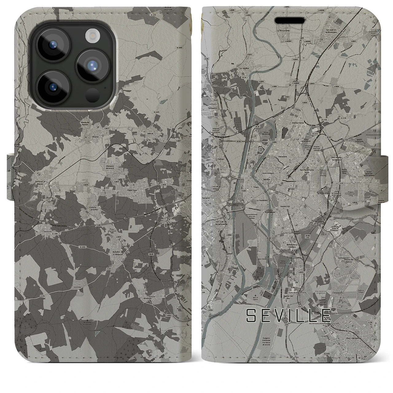 【セビリア(スペイン)】地図柄iPhoneケース(手帳タイプ)モノトーン・iPhone 15 Pro Max 用