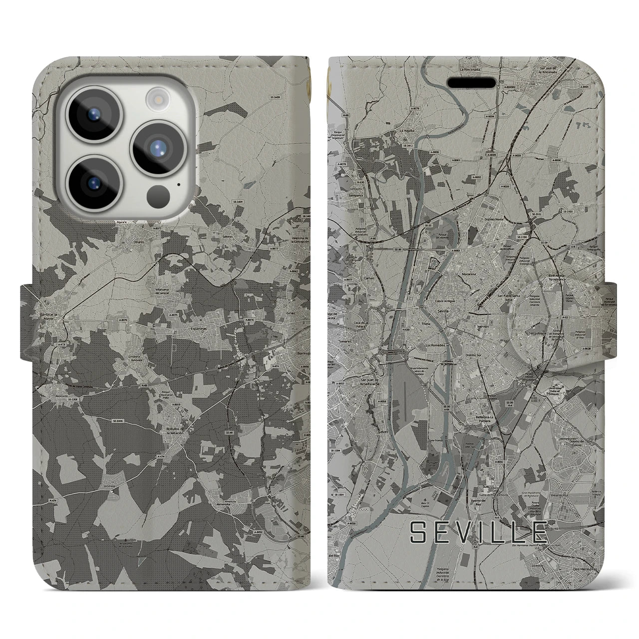 【セビリア(スペイン)】地図柄iPhoneケース(手帳タイプ)モノトーン・iPhone 15 Pro 用