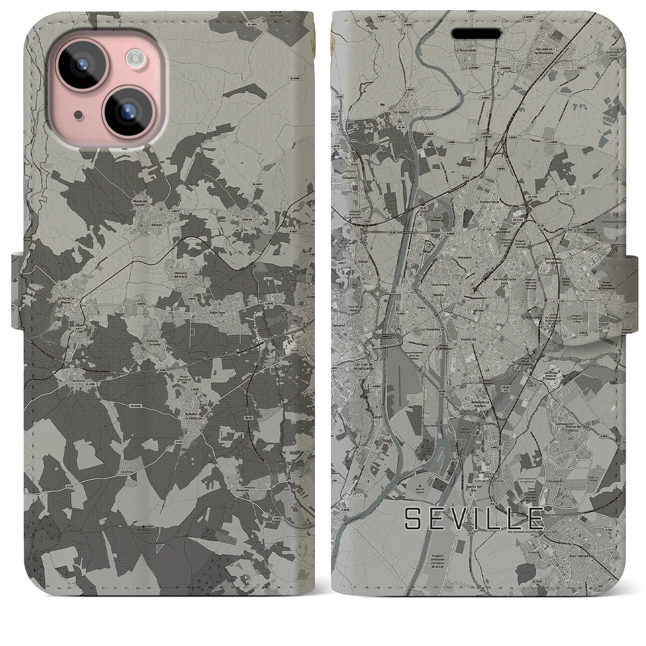【セビリア(スペイン)】地図柄iPhoneケース(手帳タイプ)モノトーン・iPhone 15 Plus 用