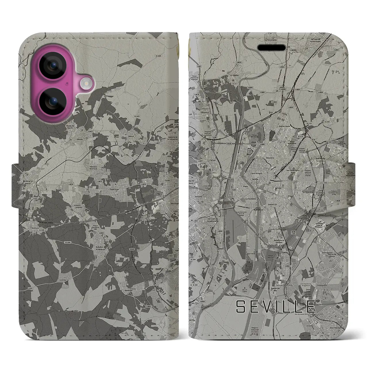 【セビリア(スペイン)】地図柄iPhoneケース(手帳タイプ)モノトーン・iPhone 16 Pro 用