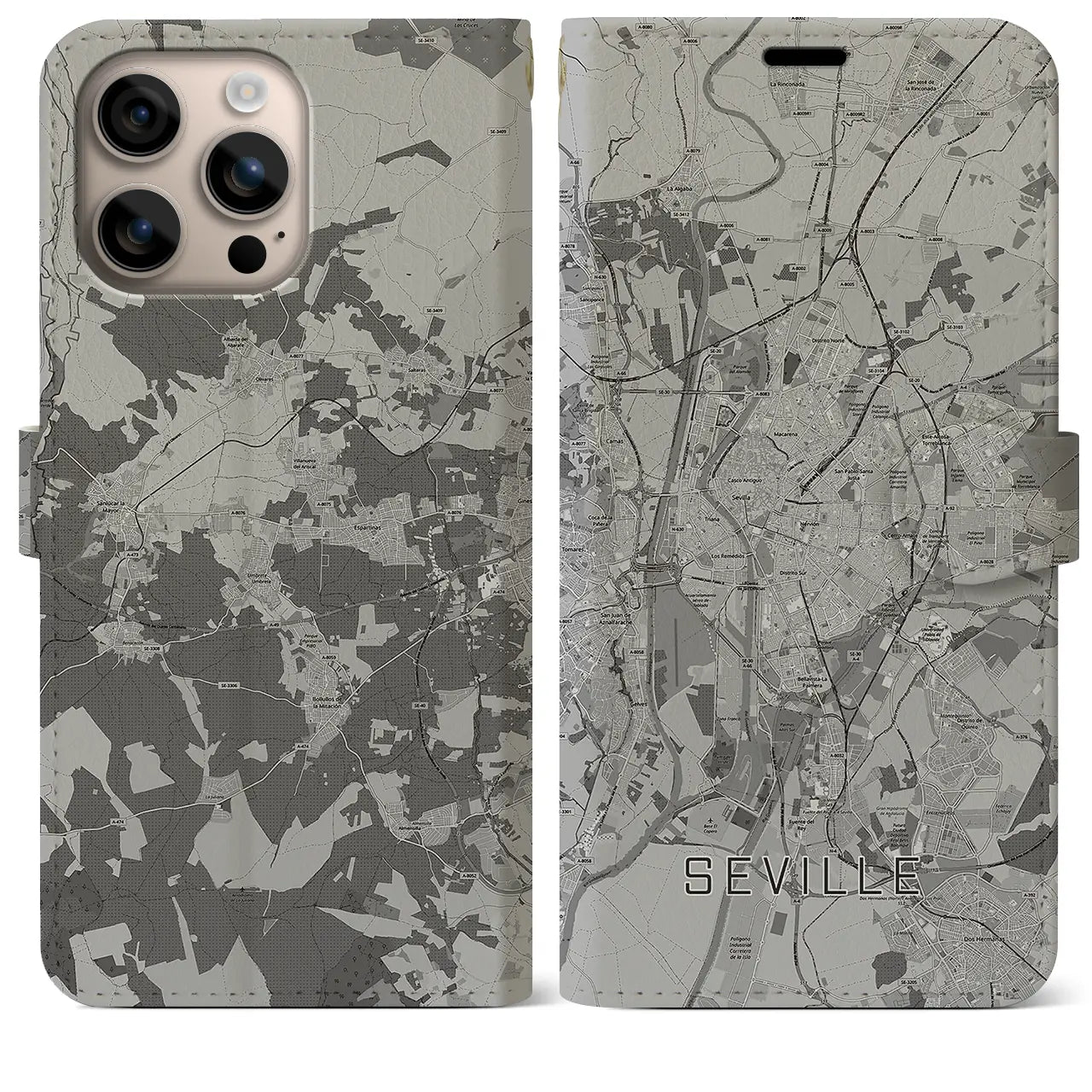 【セビリア(スペイン)】地図柄iPhoneケース(手帳タイプ)モノトーン・iPhone 16 Plus 用