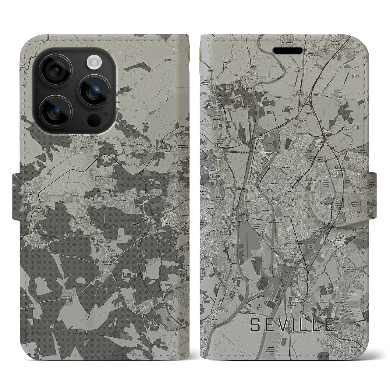【セビリア(スペイン)】地図柄iPhoneケース(手帳タイプ)モノトーン・iPhone 16 用