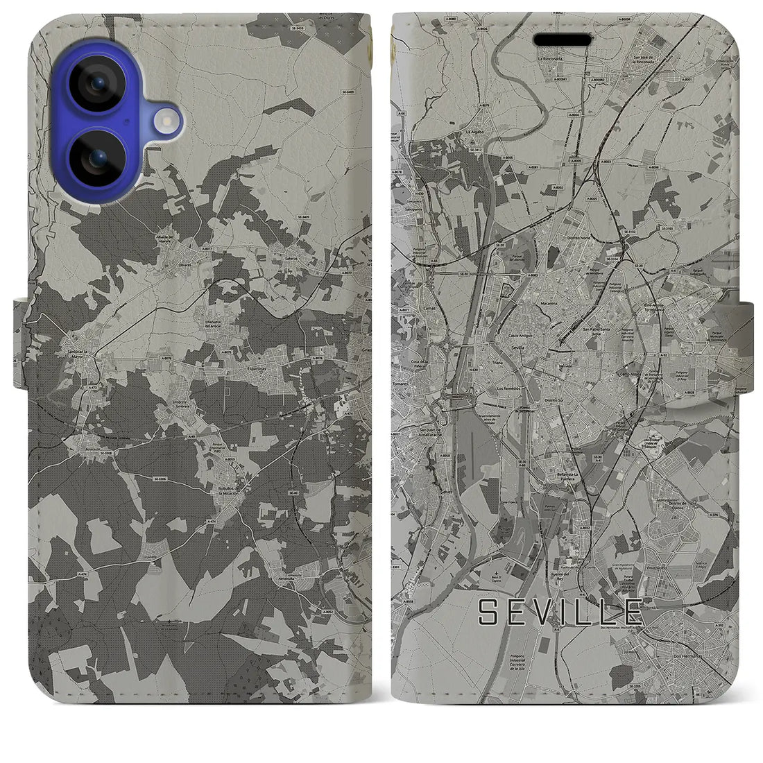 【セビリア(スペイン)】地図柄iPhoneケース(手帳タイプ)モノトーン・iPhone 16 Pro Max 用