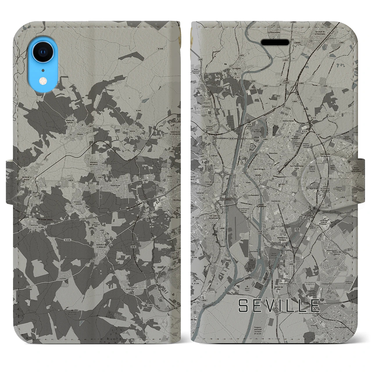 【セビリア(スペイン)】地図柄iPhoneケース(手帳タイプ)モノトーン・iPhone XR 用