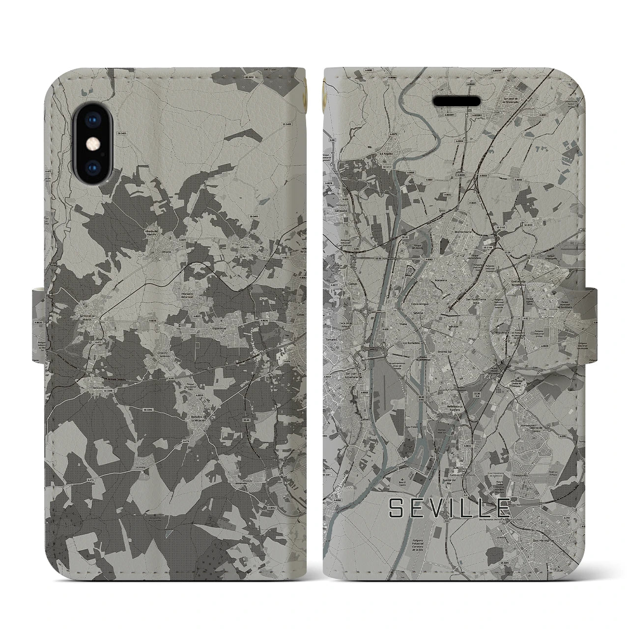 【セビリア(スペイン)】地図柄iPhoneケース(手帳タイプ)モノトーン・iPhone XS / X 用