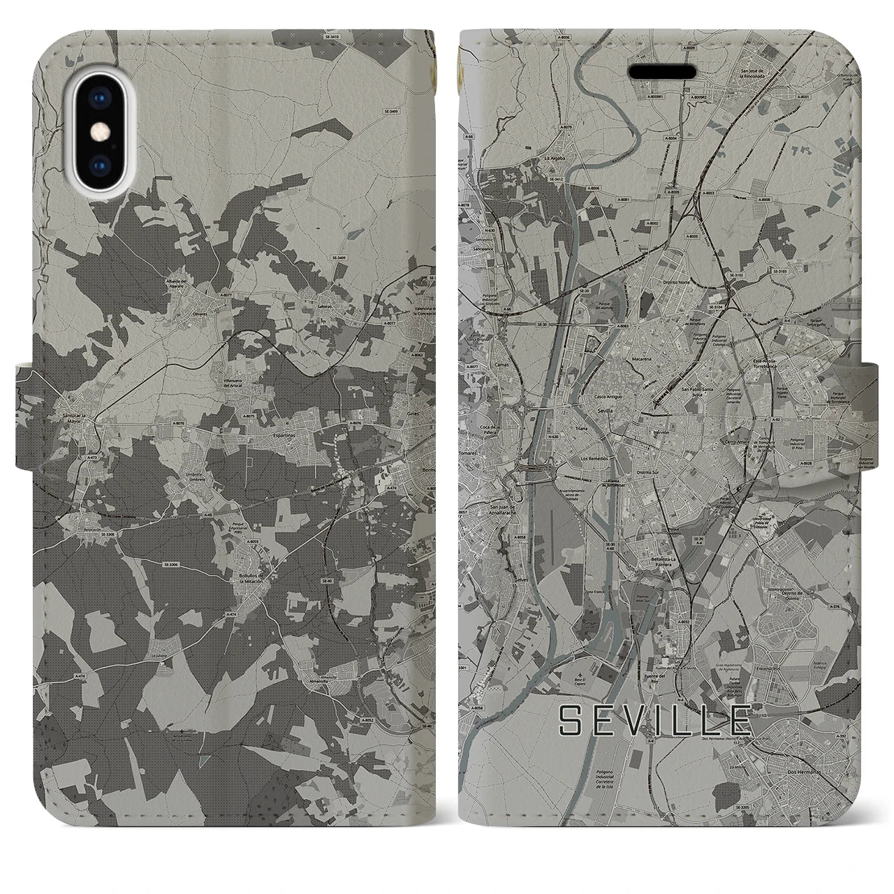【セビリア(スペイン)】地図柄iPhoneケース(手帳タイプ)モノトーン・iPhone XS Max 用