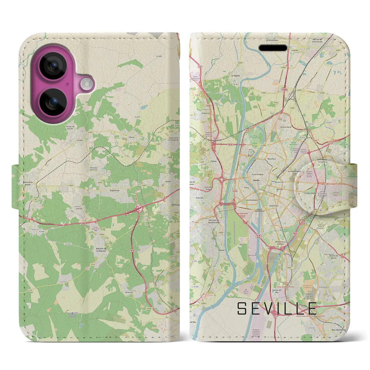 【セビリア(スペイン)】地図柄iPhoneケース(手帳タイプ)ナチュラル・iPhone 16 Pro 用
