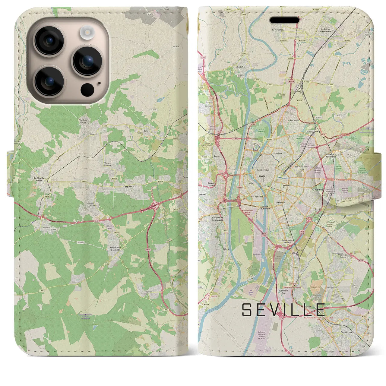 【セビリア(スペイン)】地図柄iPhoneケース(手帳タイプ)ナチュラル・iPhone 16 Plus 用