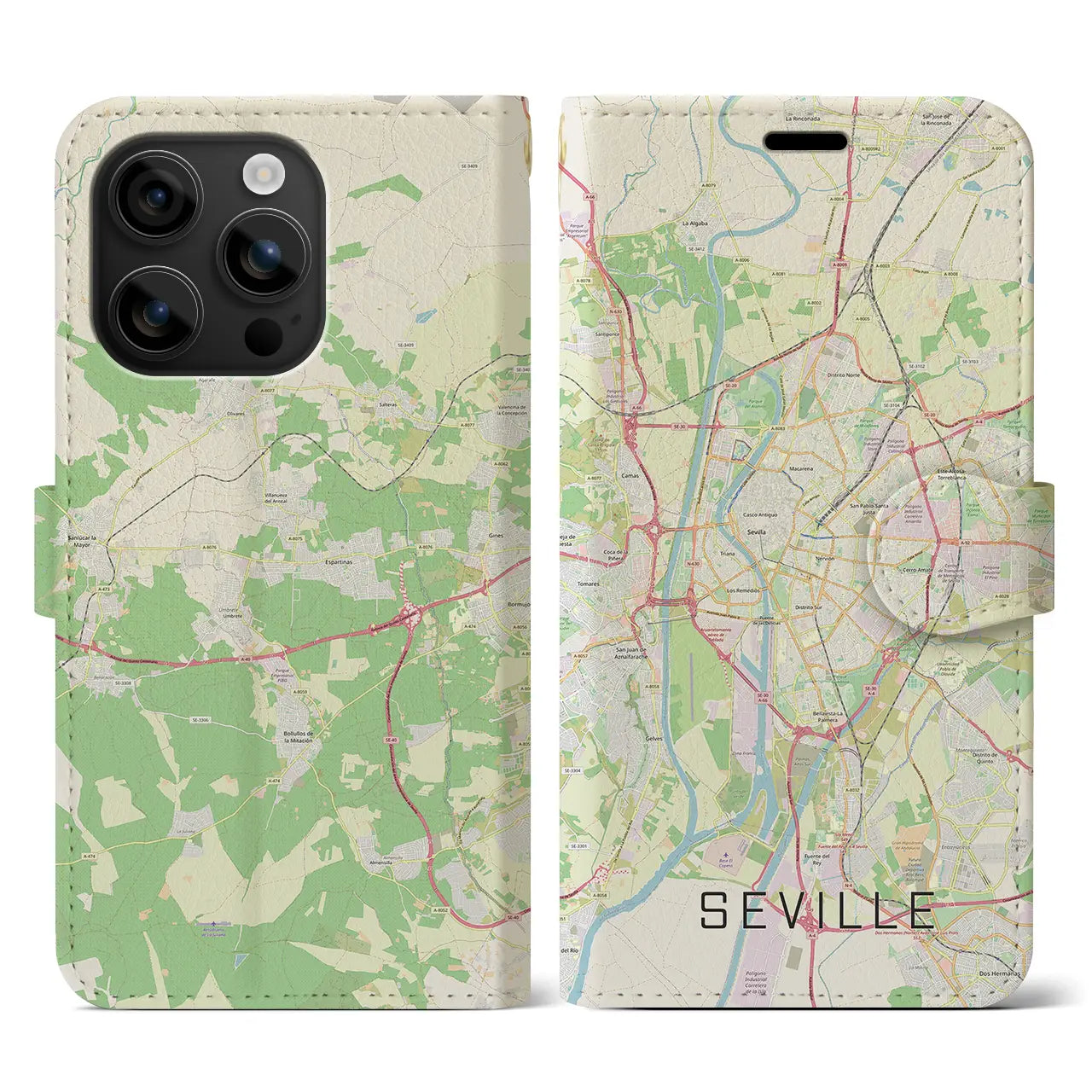 【セビリア(スペイン)】地図柄iPhoneケース(手帳タイプ)ナチュラル・iPhone 16 用