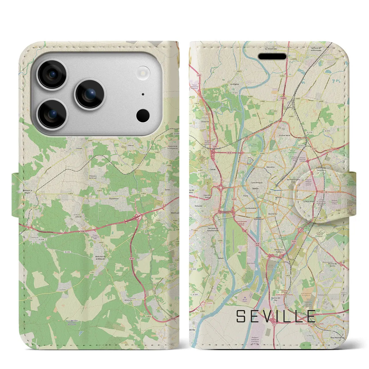 【セビリア(スペイン)】地図柄iPhoneケース(手帳タイプ)ナチュラル・iPhone 17 Pro Max 用