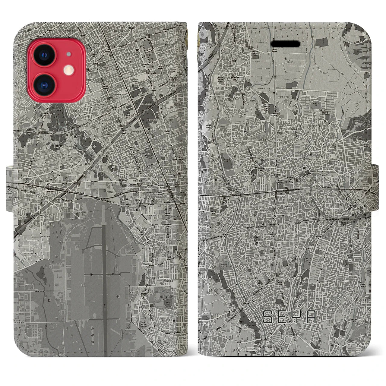 【瀬谷(神奈川県)】地図柄iPhoneケース(手帳タイプ)モノトーン・iPhone 11 用