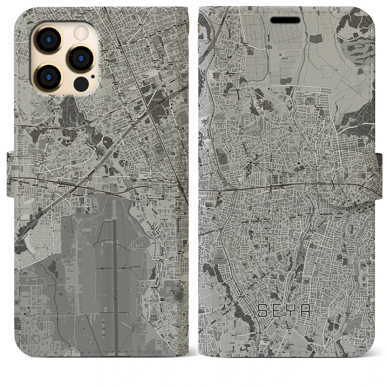 【瀬谷(神奈川県)】地図柄iPhoneケース(手帳タイプ)モノトーン・iPhone 12 Pro Max 用