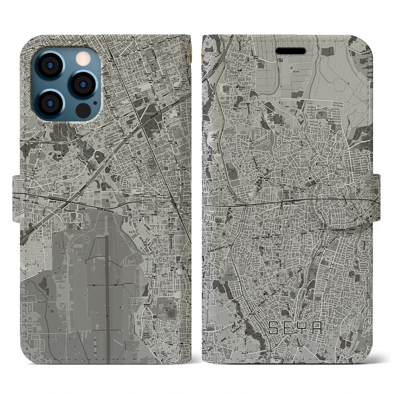 【瀬谷(神奈川県)】地図柄iPhoneケース(手帳タイプ)モノトーン・iPhone 12 / 12 Pro 用