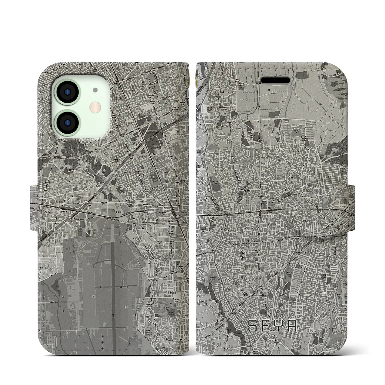 【瀬谷(神奈川県)】地図柄iPhoneケース(手帳タイプ)モノトーン・iPhone 12 mini 用