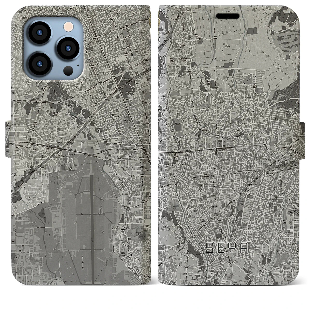 【瀬谷(神奈川県)】地図柄iPhoneケース(手帳タイプ)モノトーン・iPhone 13 Pro Max 用