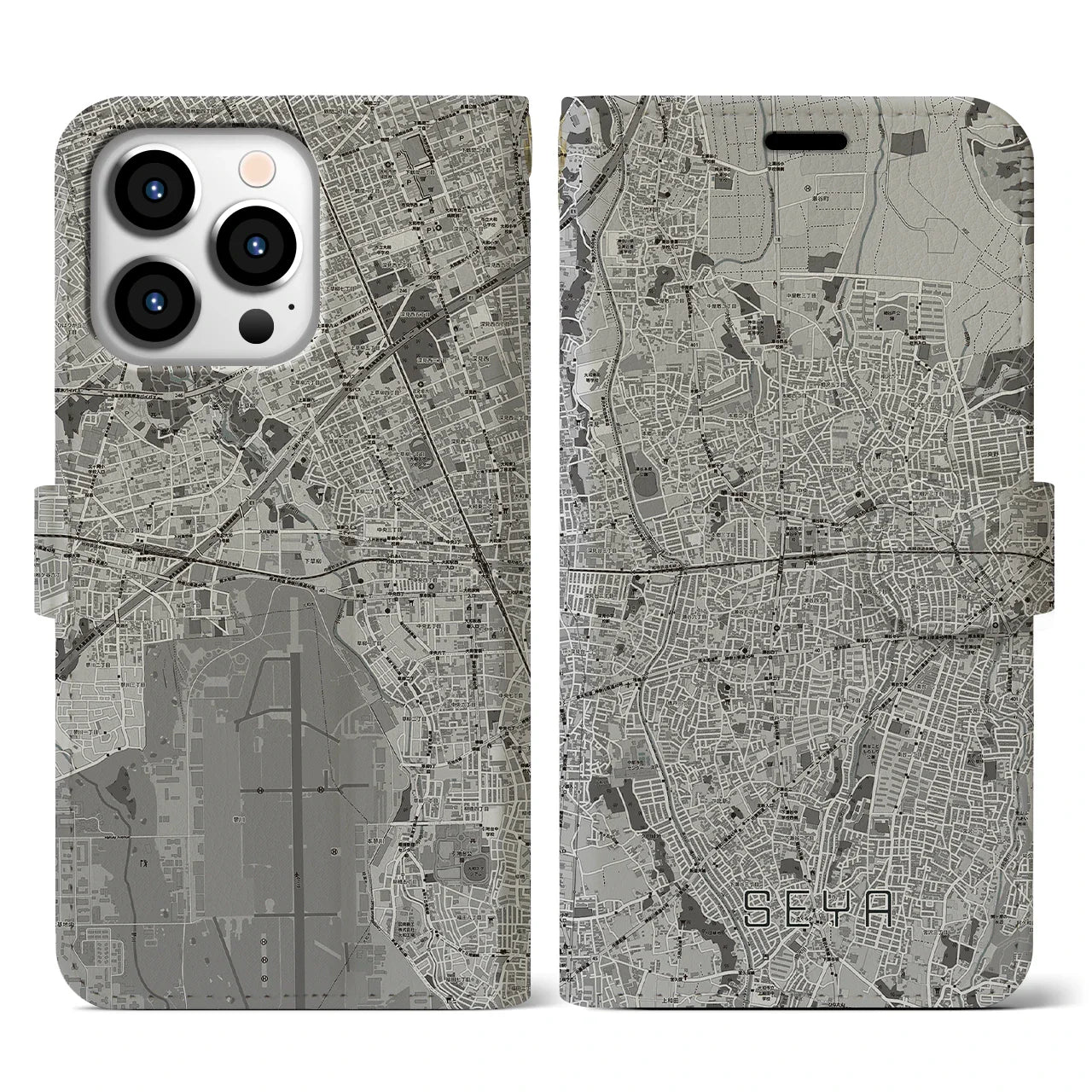 【瀬谷(神奈川県)】地図柄iPhoneケース(手帳タイプ)モノトーン・iPhone 13 Pro 用