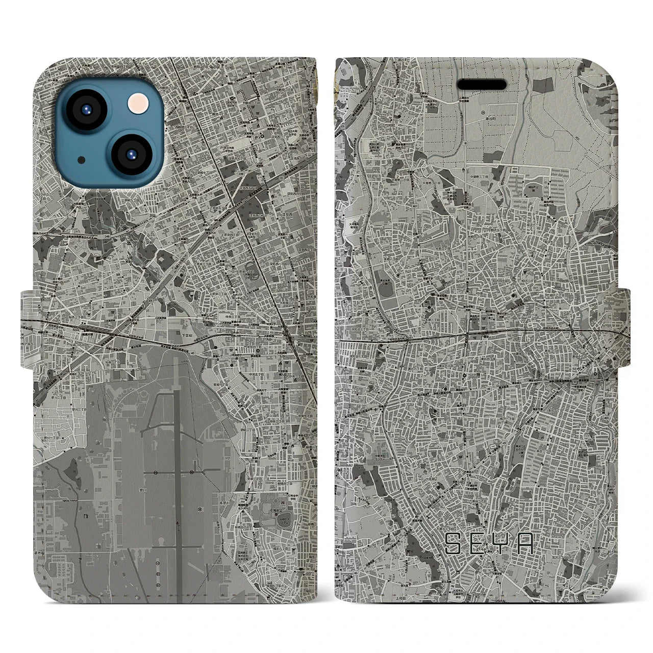 【瀬谷(神奈川県)】地図柄iPhoneケース(手帳タイプ)モノトーン・iPhone 13 用