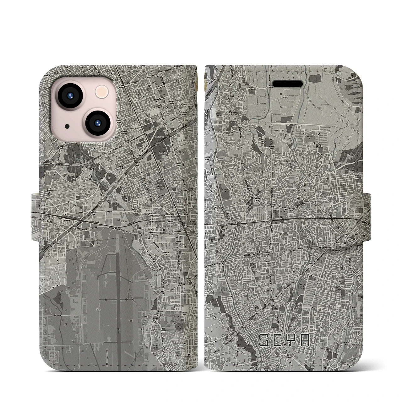 【瀬谷(神奈川県)】地図柄iPhoneケース(手帳タイプ)モノトーン・iPhone 13 mini 用