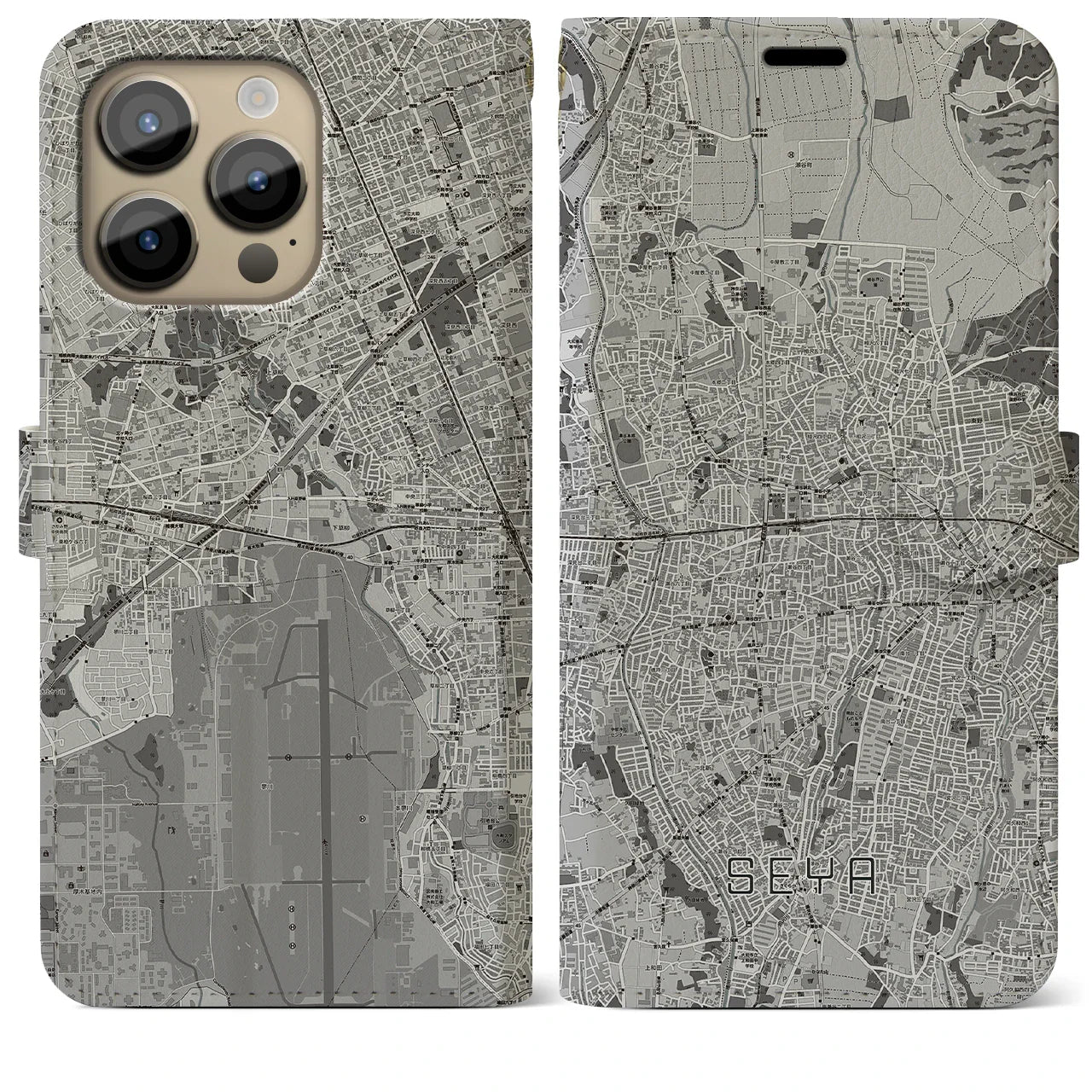 【瀬谷(神奈川県)】地図柄iPhoneケース(手帳タイプ)モノトーン・iPhone 14 Pro Max 用