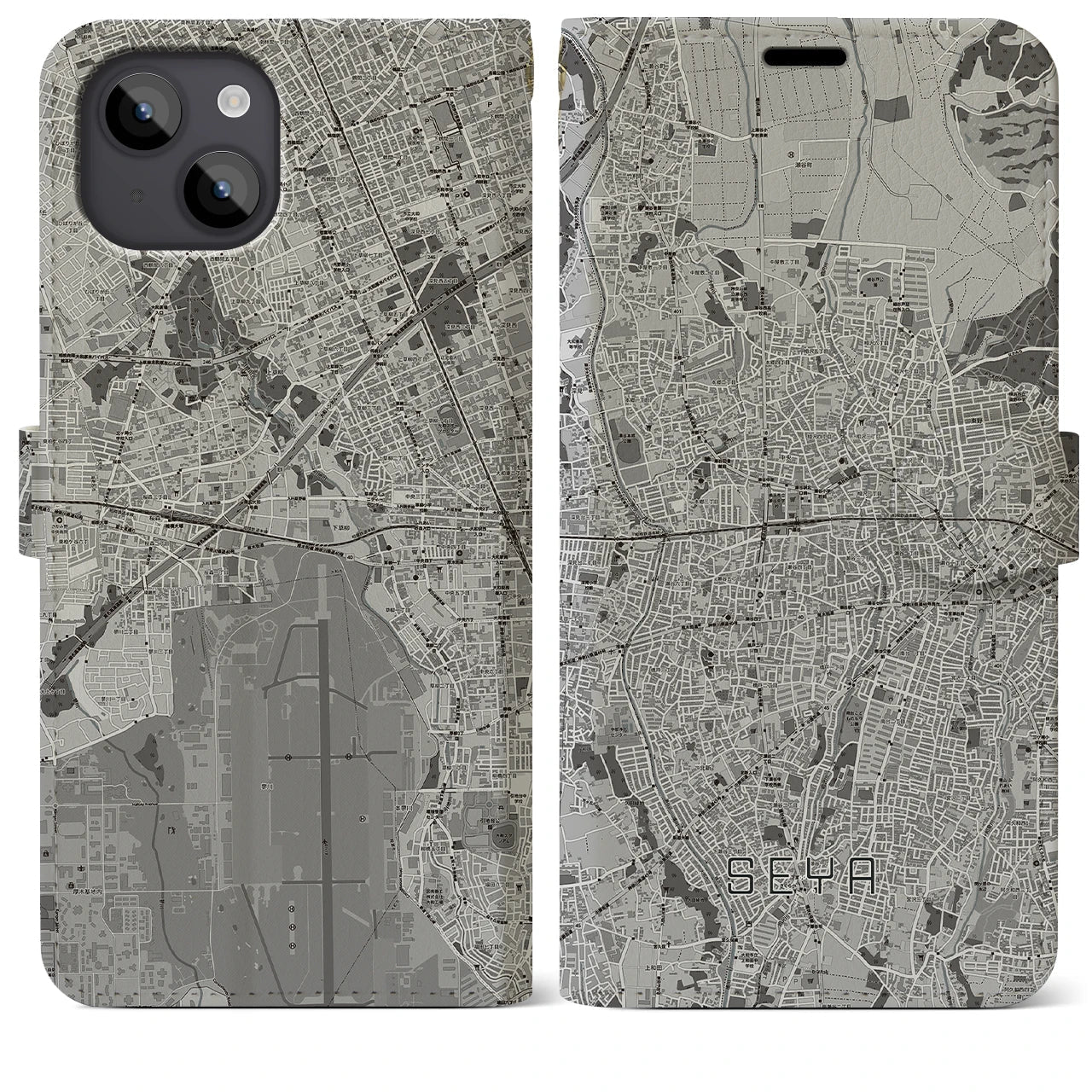 【瀬谷(神奈川県)】地図柄iPhoneケース(手帳タイプ)モノトーン・iPhone 14 Plus 用