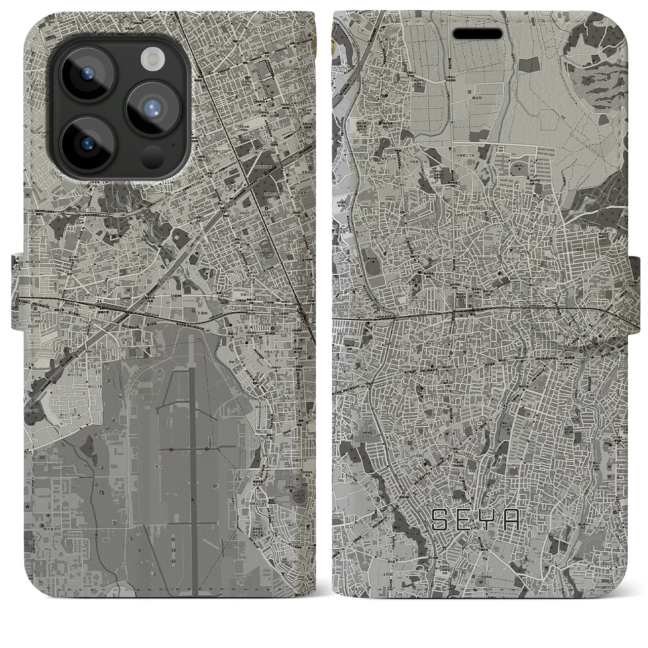 【瀬谷(神奈川県)】地図柄iPhoneケース(手帳タイプ)モノトーン・iPhone 15 Pro Max 用