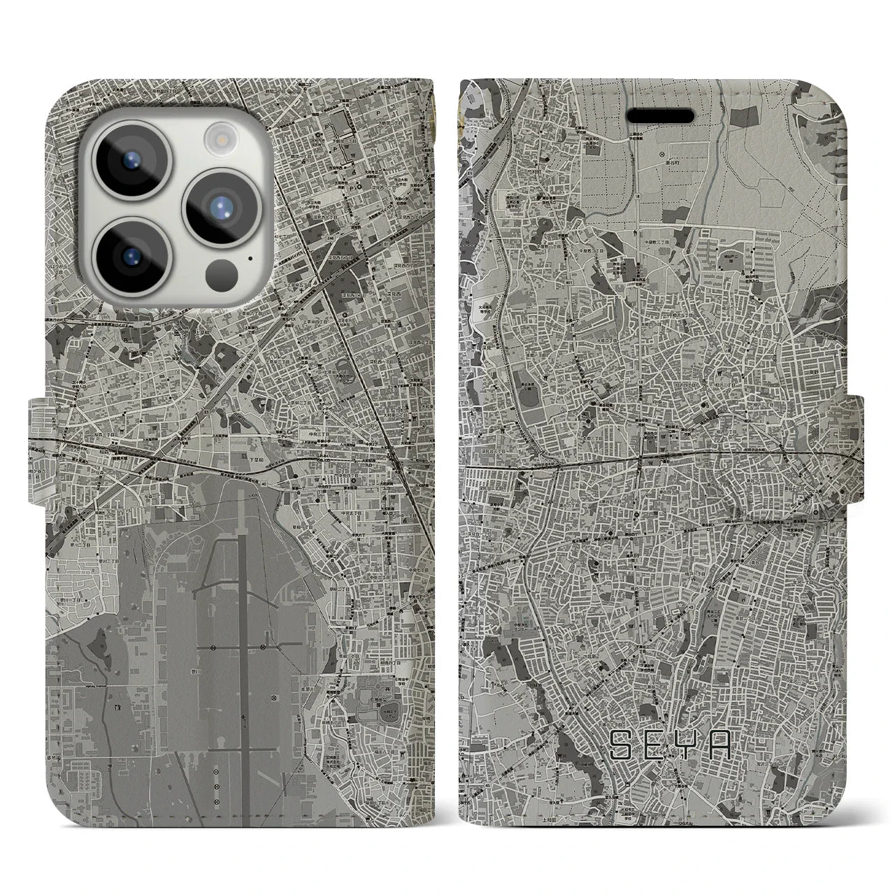 【瀬谷(神奈川県)】地図柄iPhoneケース(手帳タイプ)モノトーン・iPhone 15 Pro 用