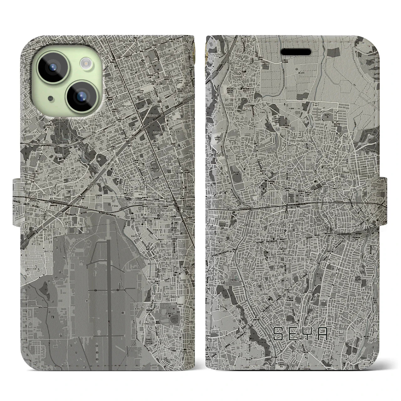 【瀬谷(神奈川県)】地図柄iPhoneケース(手帳タイプ)モノトーン・iPhone 15 用
