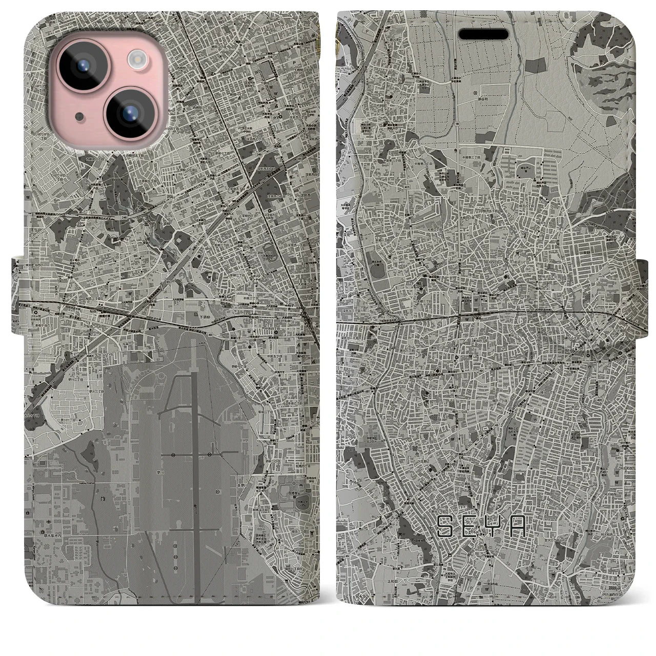 【瀬谷(神奈川県)】地図柄iPhoneケース(手帳タイプ)モノトーン・iPhone 15 Plus 用