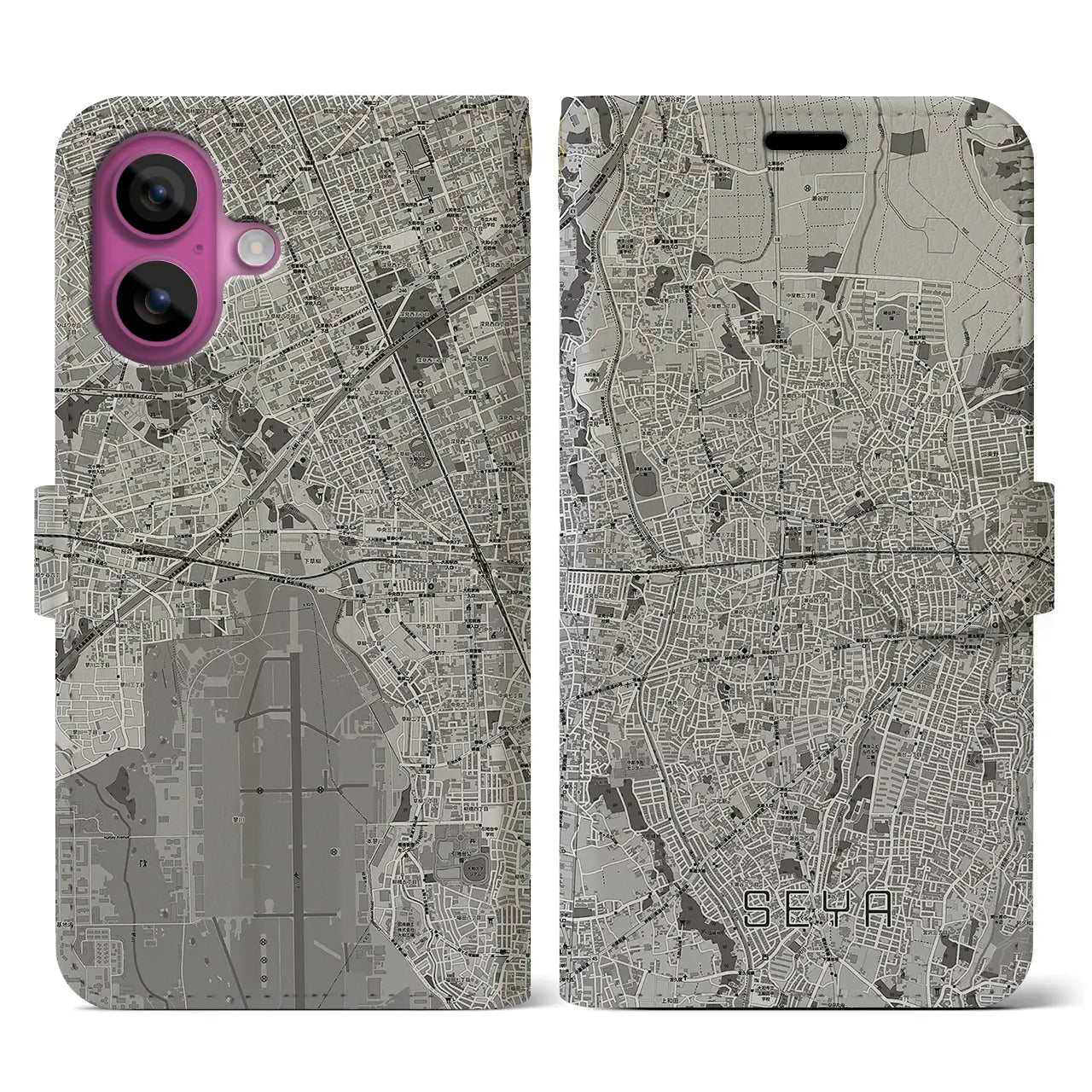【瀬谷(神奈川県)】地図柄iPhoneケース(手帳タイプ)モノトーン・iPhone 16 Pro 用
