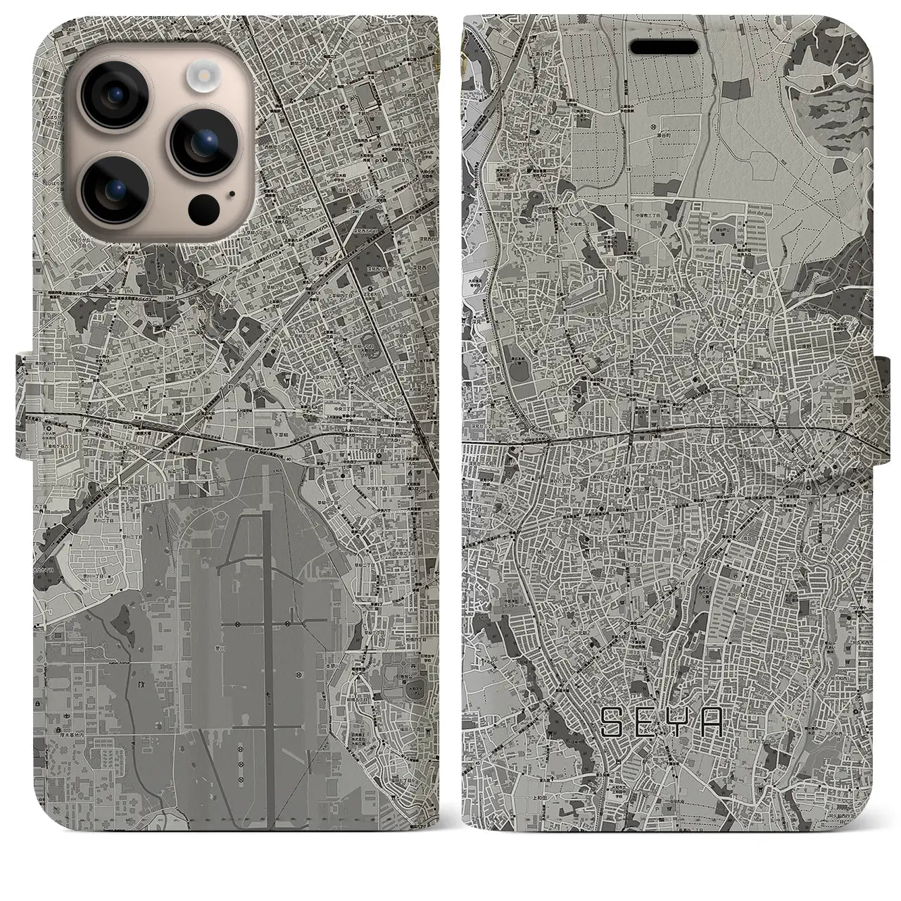 【瀬谷(神奈川県)】地図柄iPhoneケース(手帳タイプ)モノトーン・iPhone 16 Plus 用