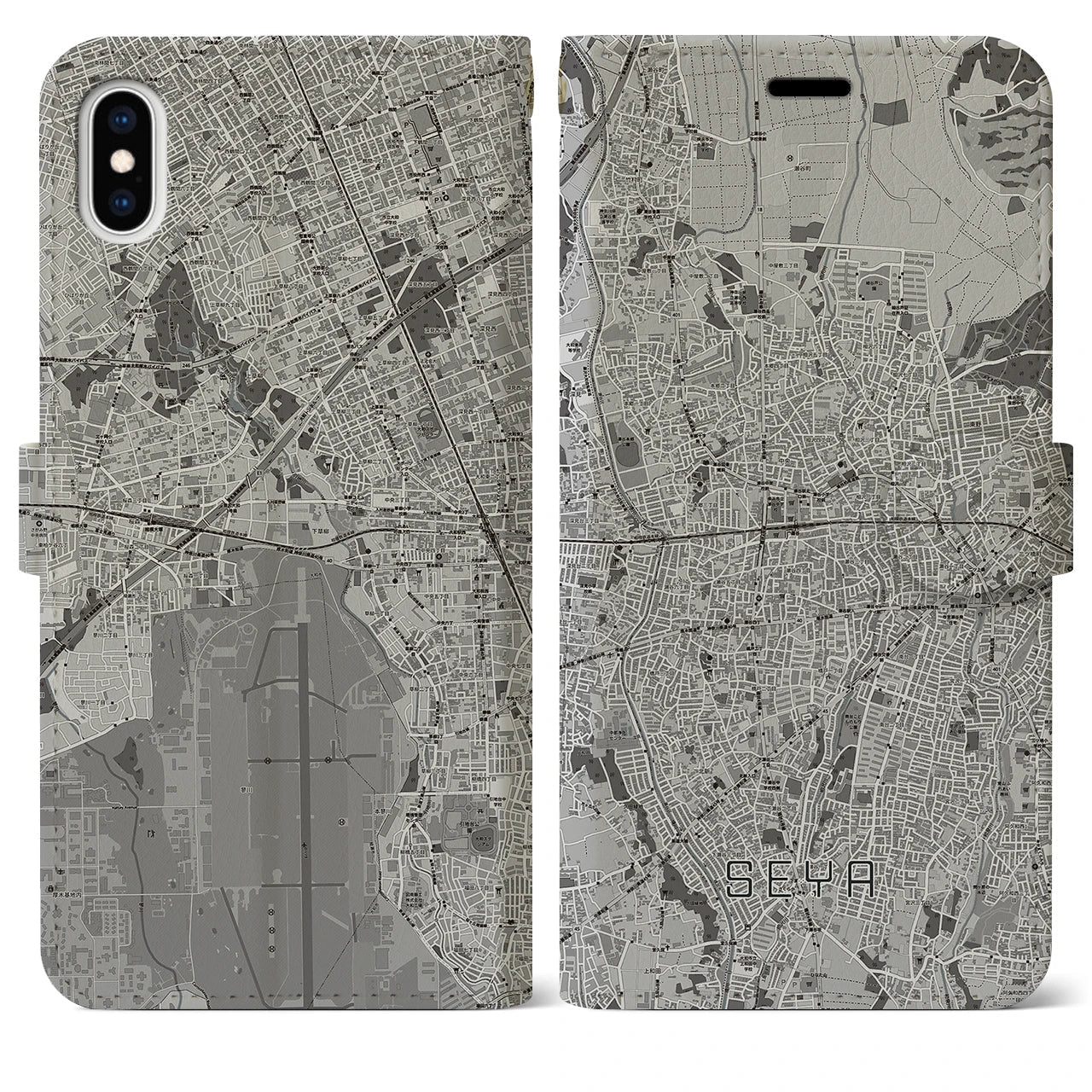 【瀬谷(神奈川県)】地図柄iPhoneケース(手帳タイプ)モノトーン・iPhone XS Max 用