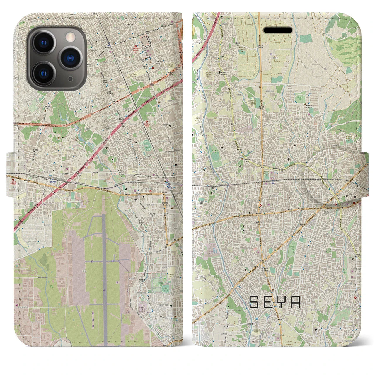 【瀬谷(神奈川県)】地図柄iPhoneケース(手帳タイプ)ナチュラル・iPhone 11 Pro Max 用