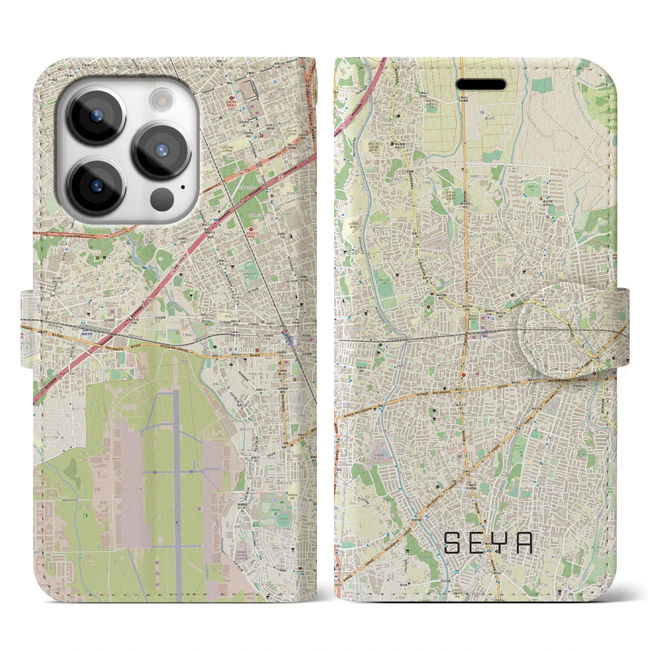 【瀬谷(神奈川県)】地図柄iPhoneケース(手帳タイプ)ナチュラル・iPhone 14 Pro 用