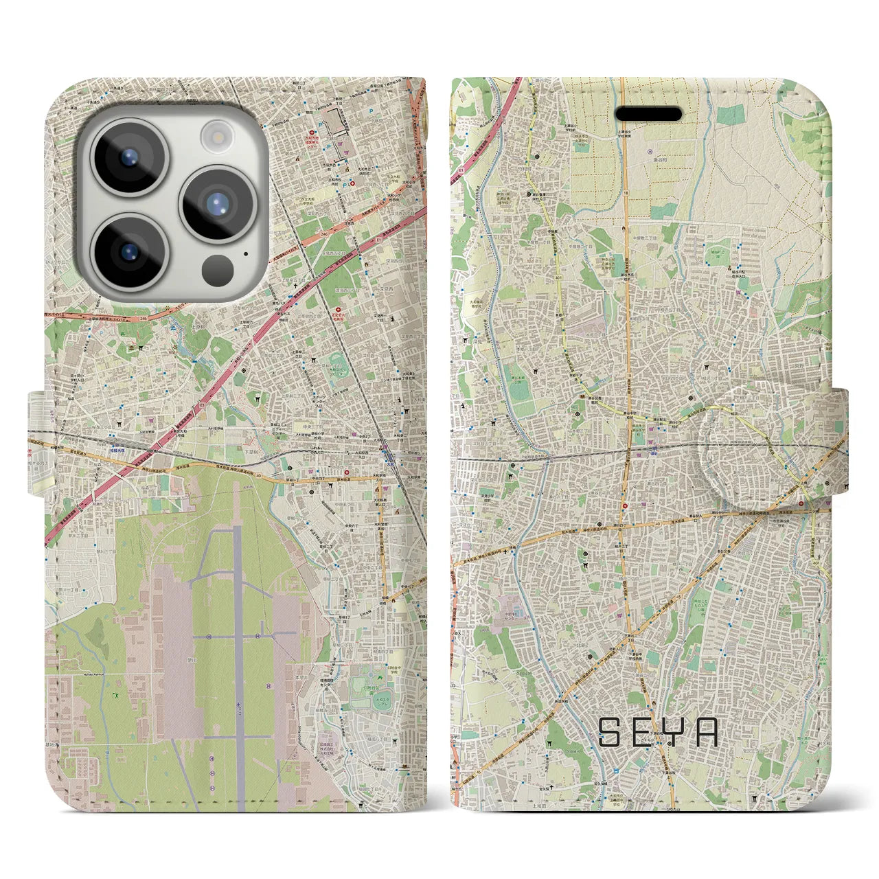 【瀬谷(神奈川県)】地図柄iPhoneケース(手帳タイプ)ナチュラル・iPhone 15 Pro 用
