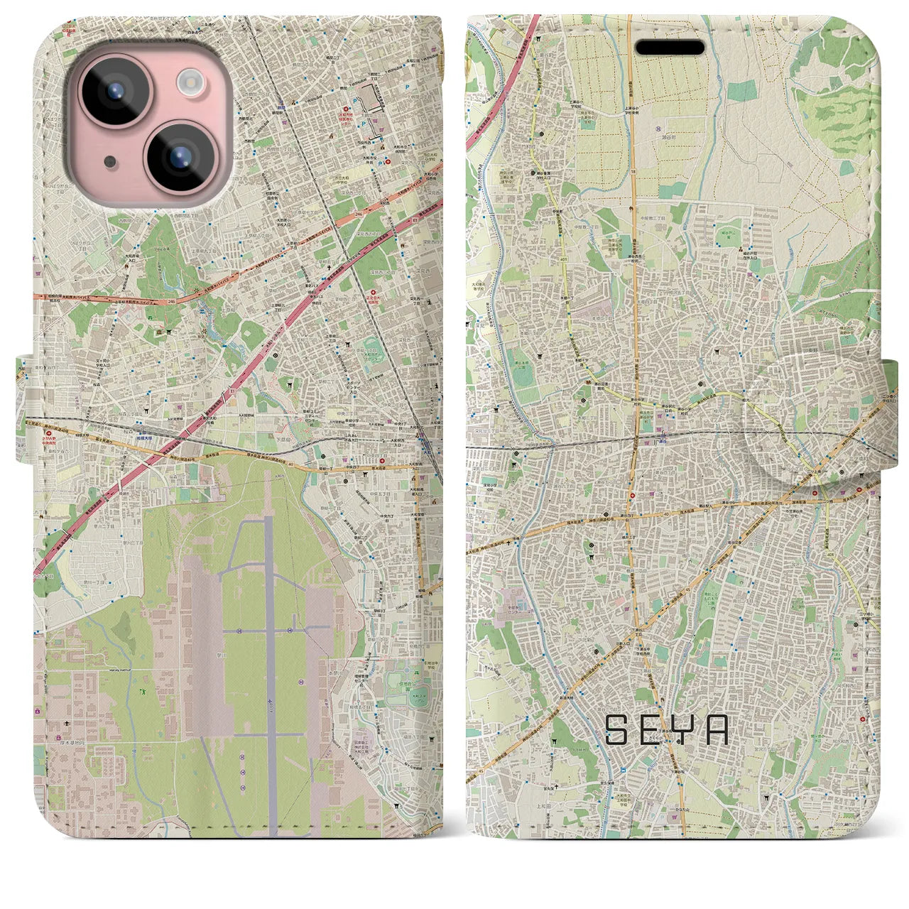 【瀬谷(神奈川県)】地図柄iPhoneケース(手帳タイプ)ナチュラル・iPhone 15 Plus 用