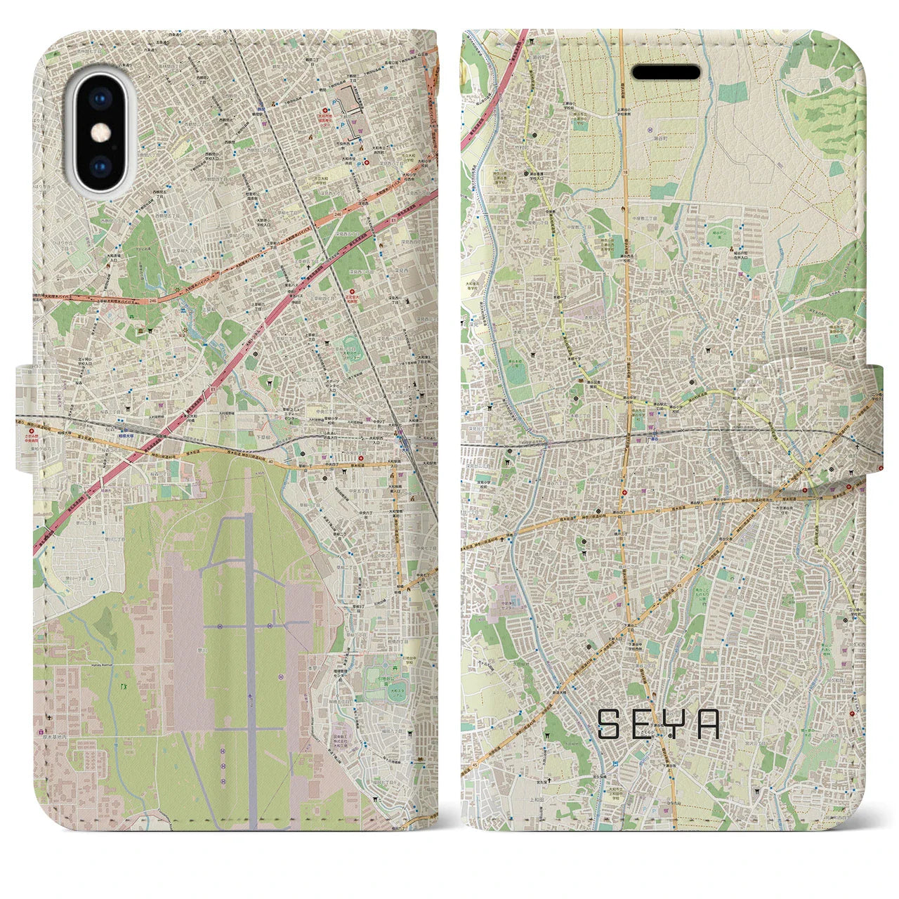 【瀬谷(神奈川県)】地図柄iPhoneケース(手帳タイプ)ナチュラル・iPhone XS Max 用
