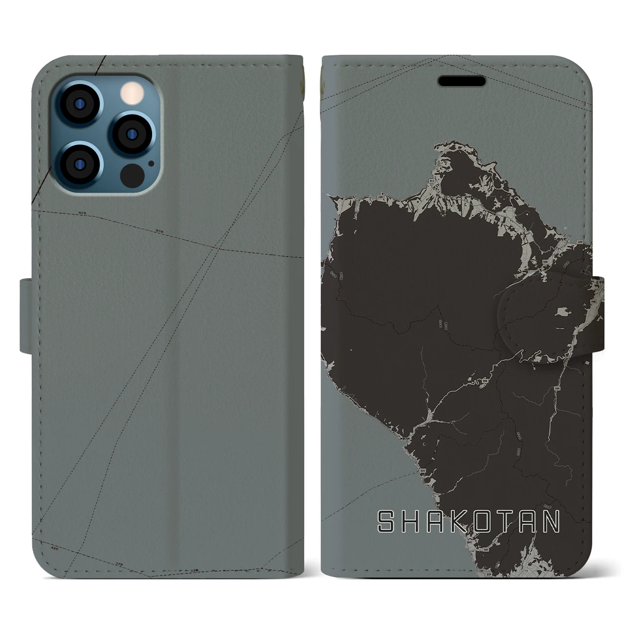 【積丹(北海道)】地図柄iPhoneケース(手帳タイプ)モノトーン・iPhone 12 / 12 Pro 用